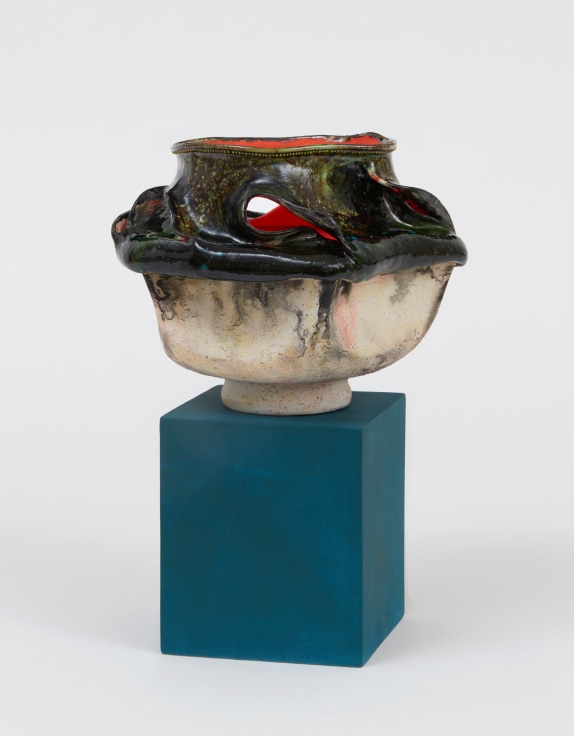 Organically shaped porcelain pot with ombre exterior and red interior by Kathy Butterly.