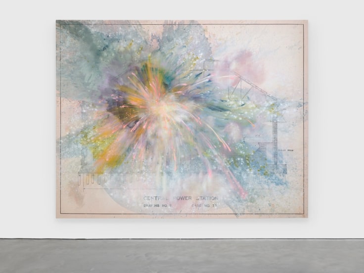 Painting of a colorful explosion overlaid over old power station blueprints by Firelei B&aacute;ez.