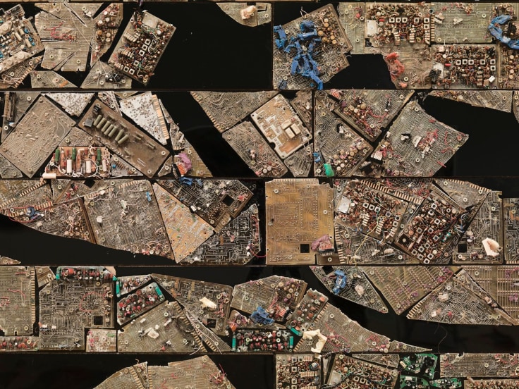 , ELIAS SIME,&nbsp;Tightrope 3&nbsp;(detail), 2009 - 14. Reclaimed electrical components and fiberglass on panel, 81 1/2 x 195 in. (207 x 495.3 cm)