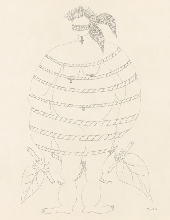 Image of TECLA TOFANO  Amarrada pero Frutal (Tied but Fruity), from the suite of drawings 'Evas al Desnudo' (Naked Eves), 1972