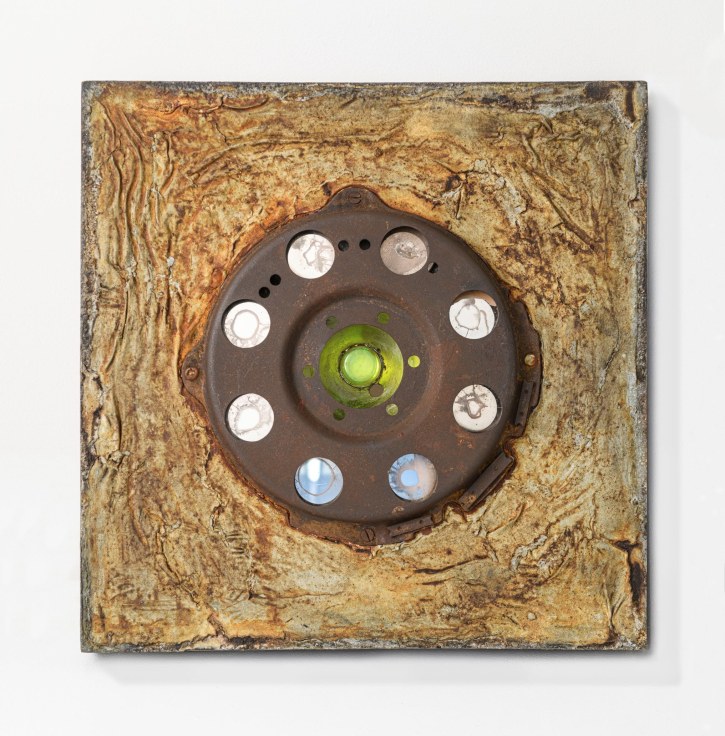 Car clutch, mirrors, and mixed media on wood