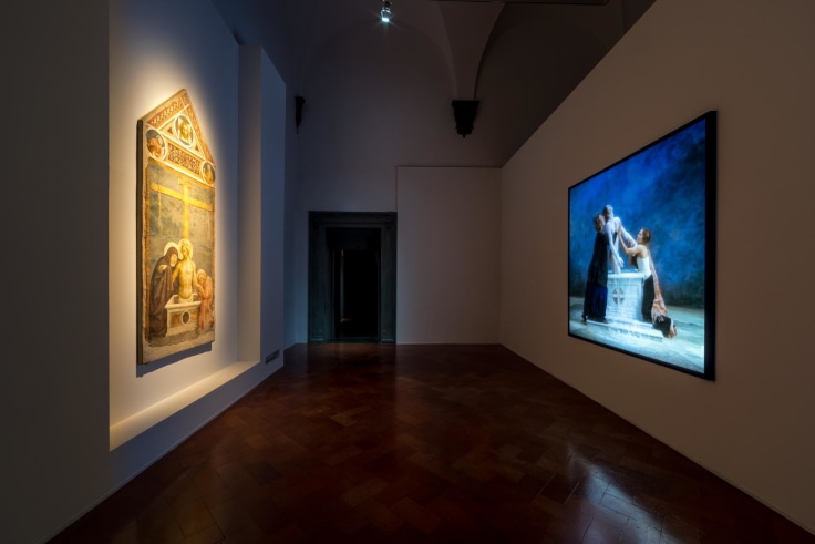 Image of Bill Viola's work juxtaposed with the painting that inspired it