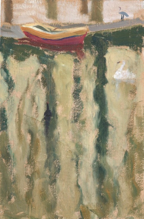 boat resting on greenish waters reflecting surrounding plant life
