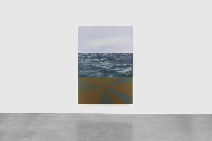 A three sectioned painting depicting the sky, the ocean and an abstract pattern