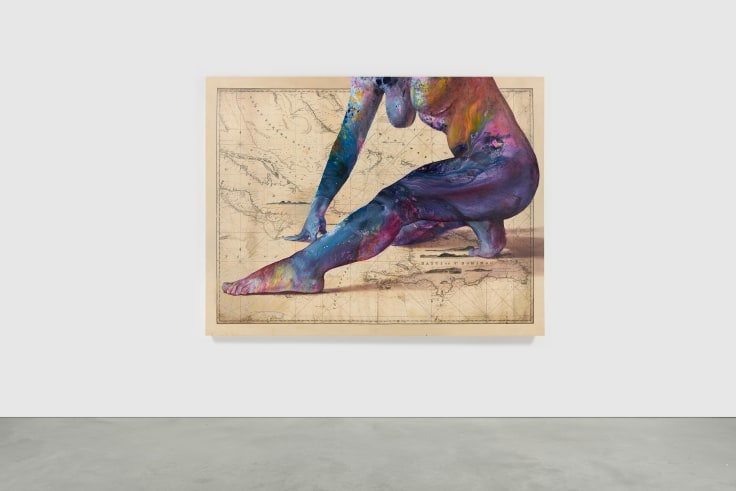 Painting of a figure with muticolor, cosmic skin overlayed over an old map by Firelei B&aacute;ez.