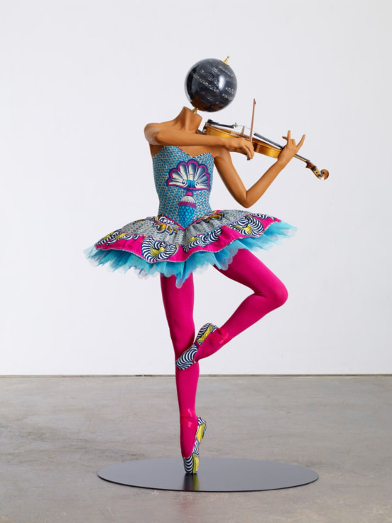 , YINKA SHONIBARE MBE,&nbsp;Ballerina With Violin (Giselle), 2013, Mannequin, Dutch wax African cotton textile, fibreglass, globe head, violin, pointe shoes, 55 x 37 x 29 3/16 in (140 x 94 x 75 cm)&nbsp;