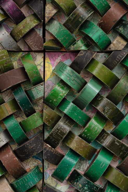 close up of woven electrical components