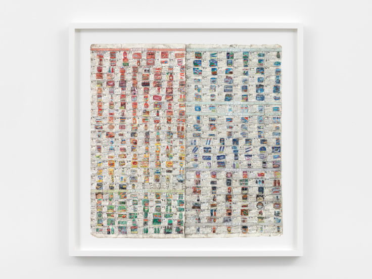 Mixed media piece depicting household items and their corresponding prices organized by color by SIMON EVANS &trade;.