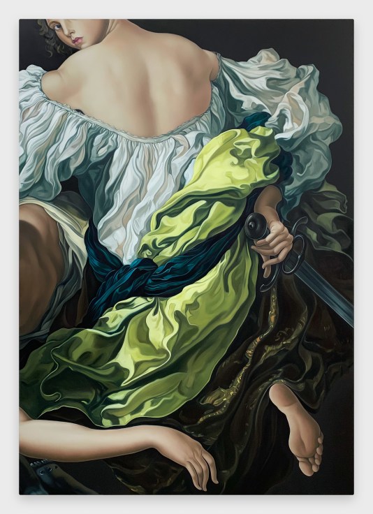 a view from the back of a feminine figure, holding a sword, in a billowing green and white dress