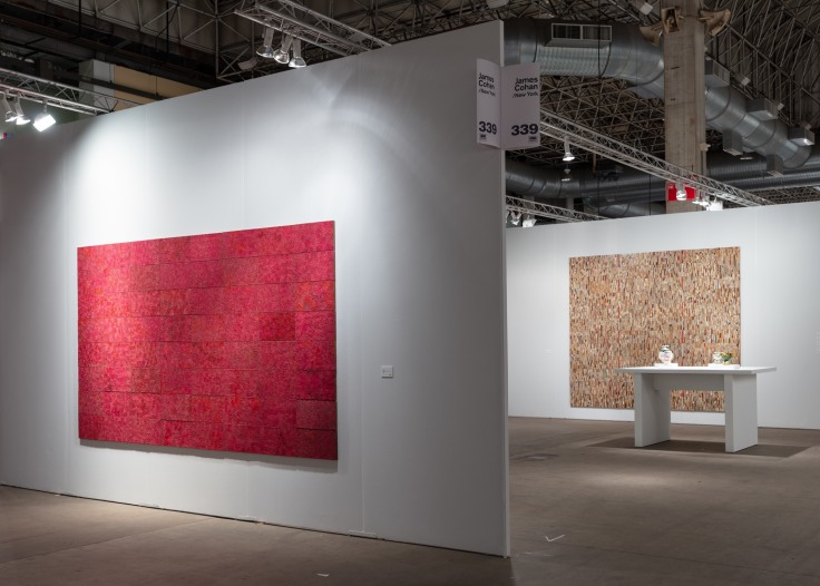 James Cohan's booth at EXPO Chicago featuring work by Kathy Butterly, Federico Herrero, Jordan Nassar, and Elias Sime