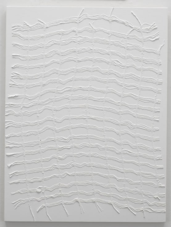 , MICHELLE GRABNER, Untitled, 2014, Burlap and gesso on panel, 32 x 24 in.