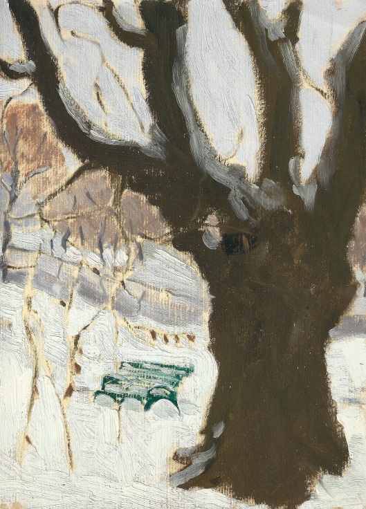 tree in a snowy landscape next to a green bench