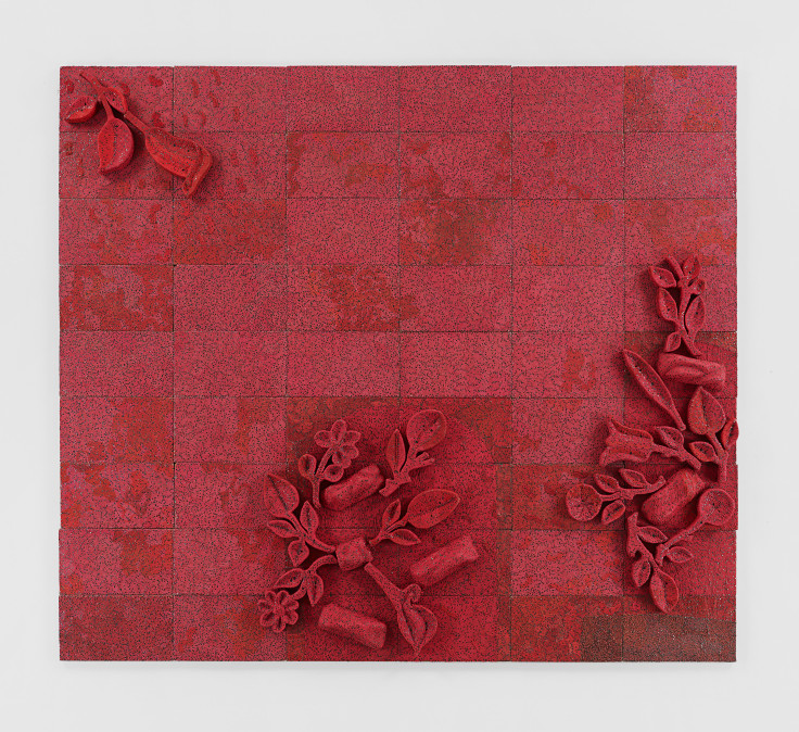Red flowers emerge from three sides of red panels and grow toward the middle