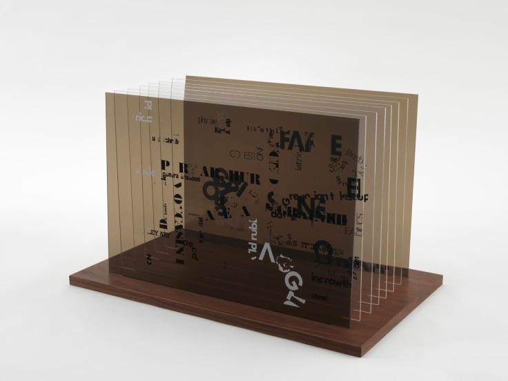 , JOHN CAGE&nbsp;Not Wanting to Say Anything About Marcel Plexigram I,&nbsp;1969&nbsp;Screenprint on eight Plexiglas panels with walnut base&nbsp;14 x 20 x 1/8 in. (35.6 x 50.8 x 0.3 cm)&nbsp;