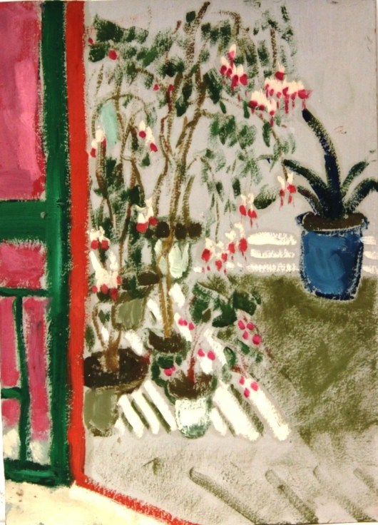 Painting of house plants with pinkish flowers