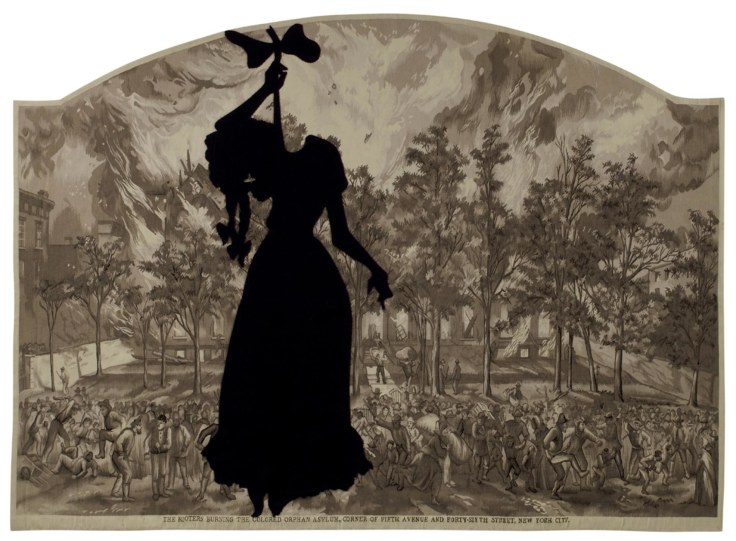 , KARA WALKER A Warm Summer Evening in 1863, 2008 Wool tapestry and hand-cut felt silhouette figure 69 x 98 in. (175.3 x 248.9 cm)&nbsp;Edition of 5