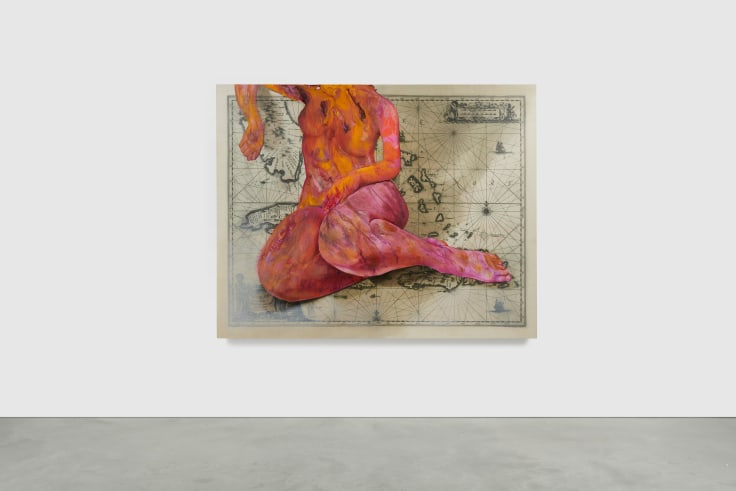 Painting of a multicolor woman overlayed over an old map by Firelei B&aacute;ez.