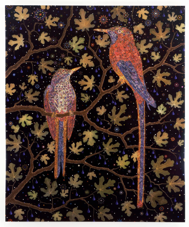 , FRED TOMASELLI, After Migrant Fruit Thugs, 2008, Wool background, silk birds with metallic thread detail, 98 x 64 inches (248.9 x 162.6 cm)