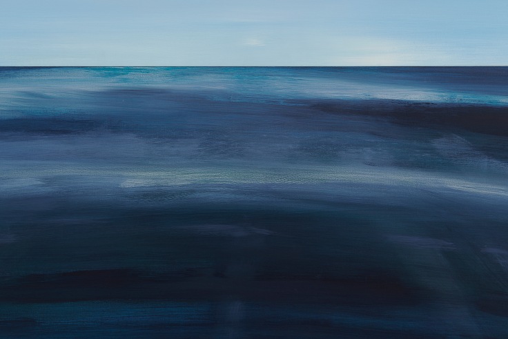 dark blue paint meant to look like water with a light blue sky