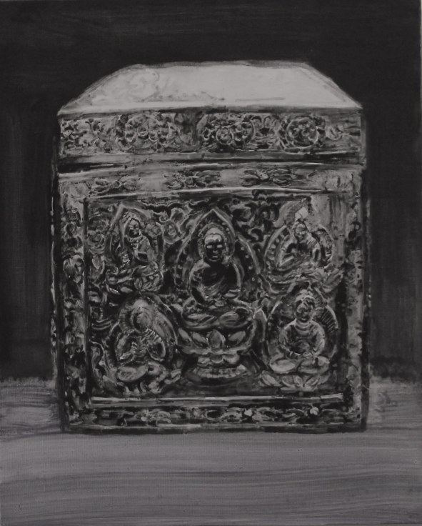 painting of an intricately decorated box with Buddhas