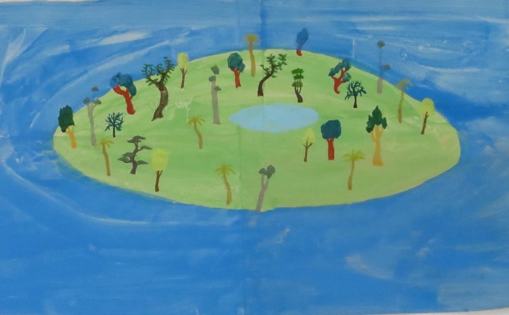 a minimalist, green island with different kinds of trees and body of water in the center