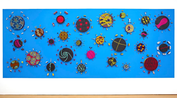 , YINKA SHONIBARE, MBE, New York Toy Painting, 2012, Emulsion, acrylic on Dutch wax fabric, 27 panels 98 3/8 x 244 1/8 x 6 1/4 in. (250 x 620 x 16 cm)
