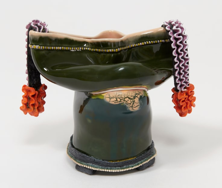 Clay pot with narrow base and a large, bowl-like opening adorned with draping, textured forms by Kathy Butterly.