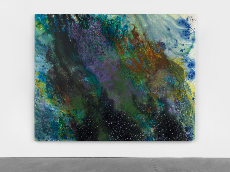Vibrant oil painting of splattered and mixed pigments by Firelei B&aacute;ez.