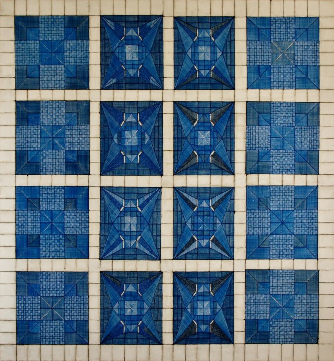varying squares made up of geometric patterns with varying blue hues