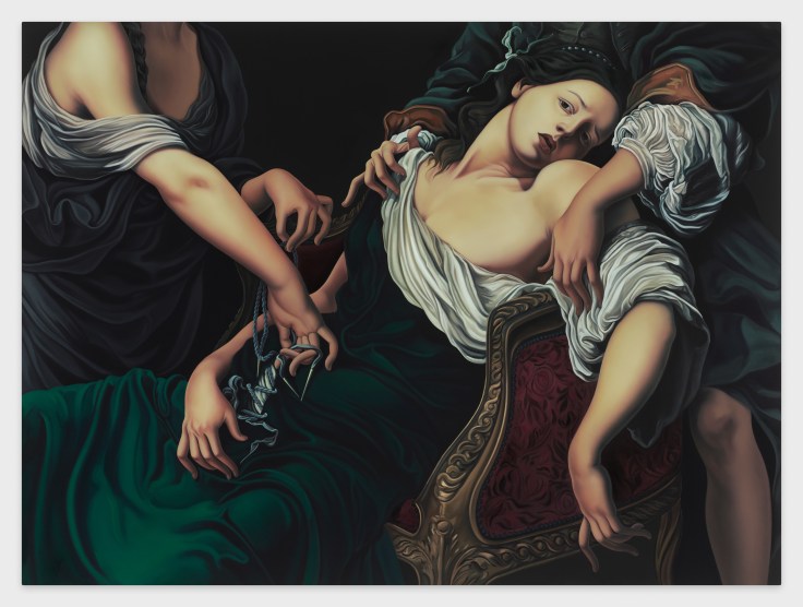 androgynous figure slumped over being supported by two pairs of hands while sewing their clothing together on their body