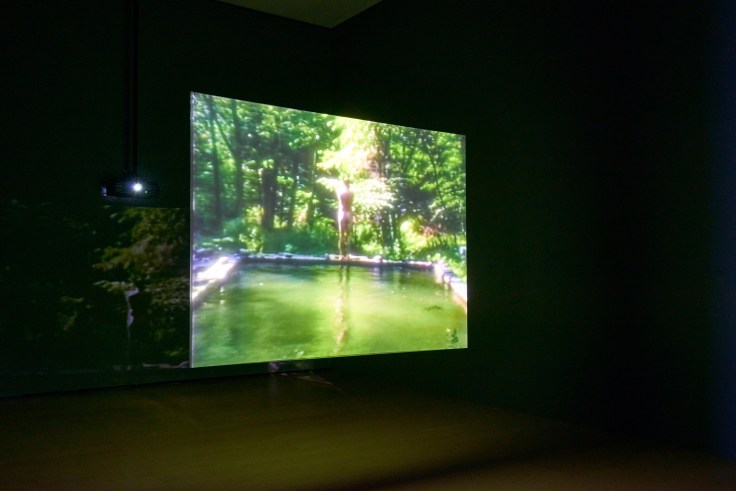 installation view of a video with a nude figure standing at the edge of a pool