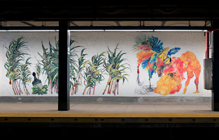 Mosaic wall insallation of tropical fauna and an anthropomorphic figure in a subway station by Firelei B&aacute;ez.
