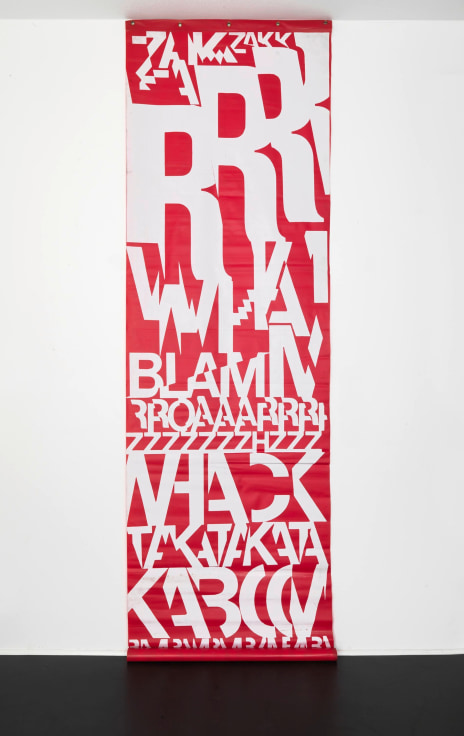 giant red comic strip with text sound effects