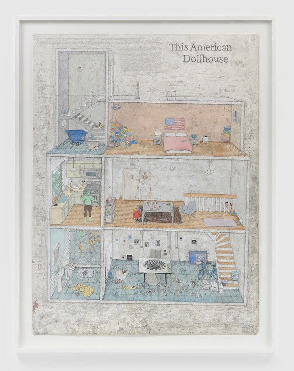 A cross-section drawing of a house with six rooms and a background full of fragmented words and sentences