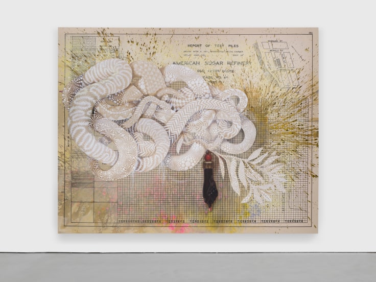 Painting of a pale, snaking biomorphic figure overlayed over an old sugar refinery blueprint by Firelei B&aacute;ez.