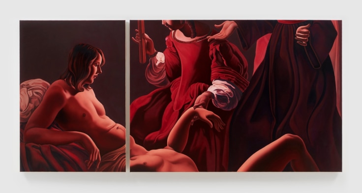 androgynous reclining figure surrounded by three faceless bodies in a monochromatic red scene