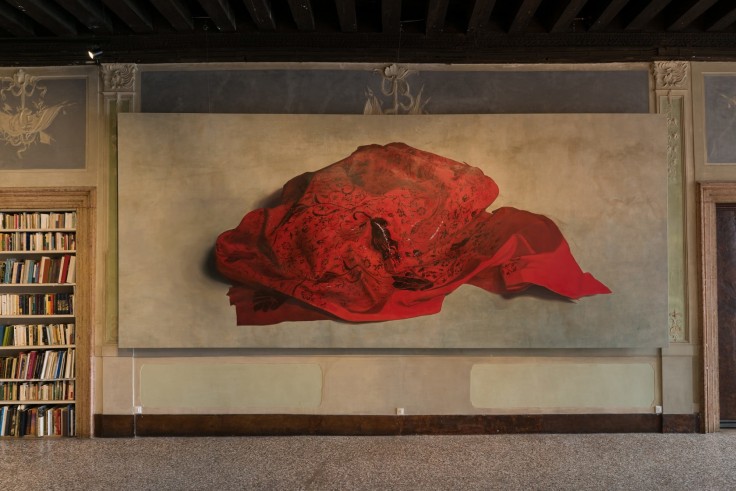 Painting of crumpled red, floral textile by Firelei B&aacute;ez.