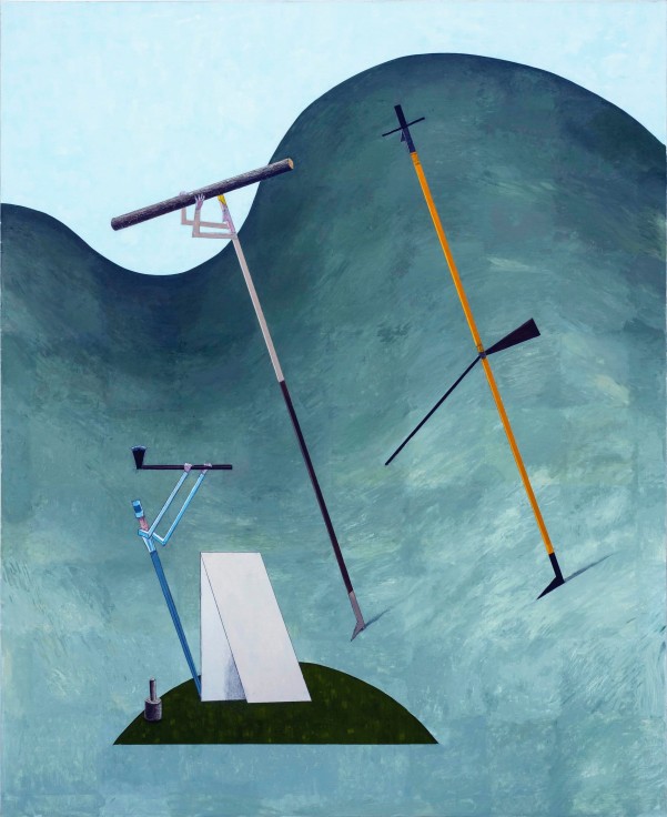 Three elongated pole-like figures on mountain, one swings an axe, one carries a log, and the other holds a rifle