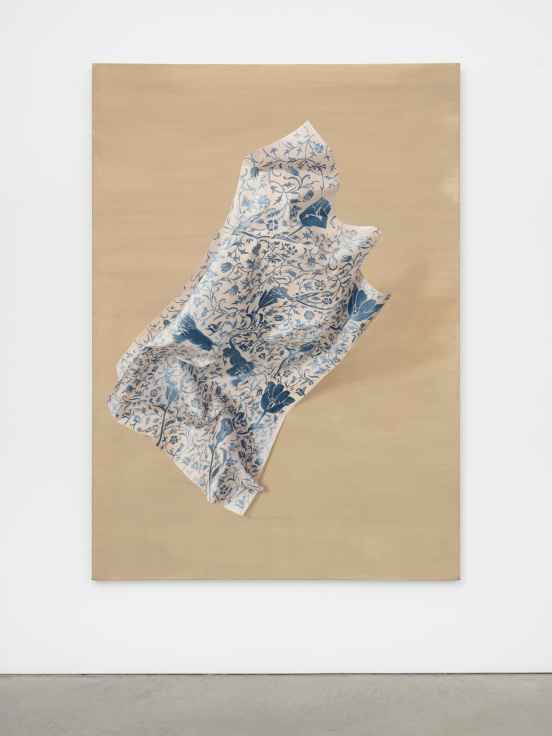 Painting of a crumbled piece of floral textile by Firelei B&aacute;ez.