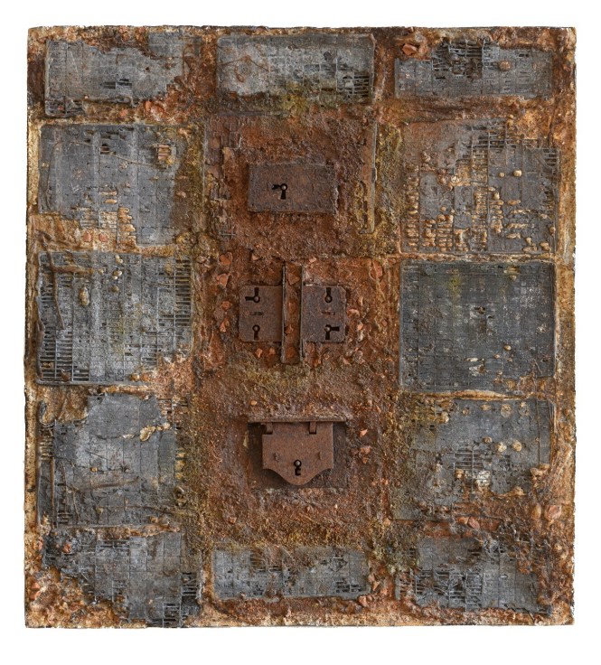 Car battery cells, locks, and mixed media assemblage on wood