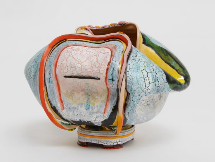 Caved-in, multicolor clay pot by Kathy Butterly.