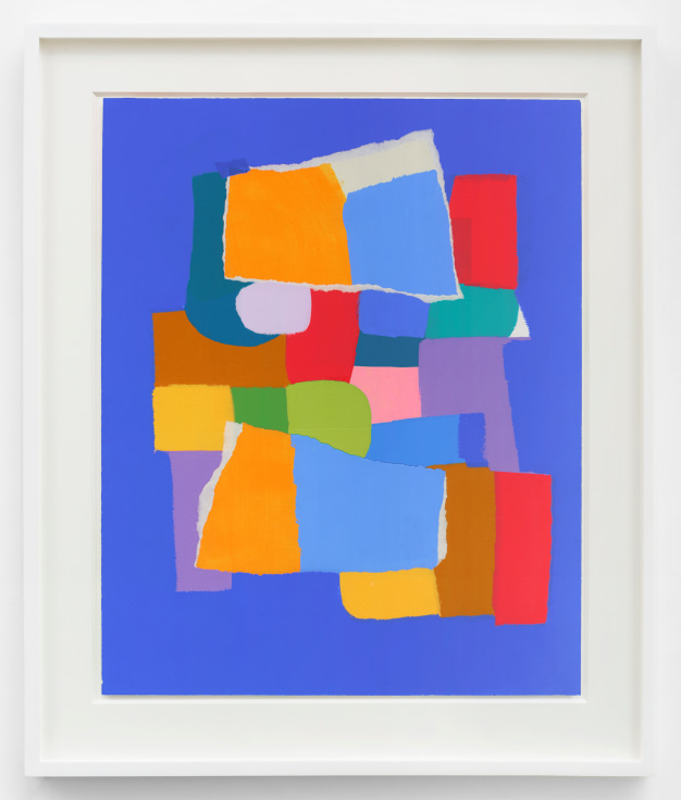 a framed painting consisting of a blue square foregrounded by bright, saturated, splotches of color
