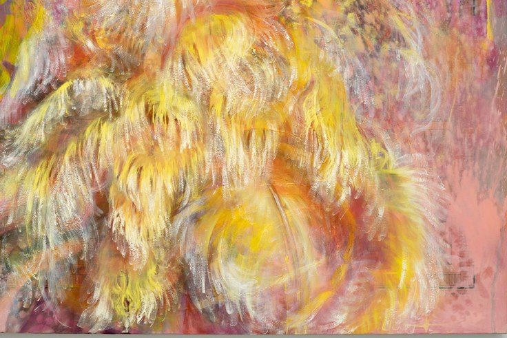 detail of abstracted oil painting of yellow, whimsical, feathers