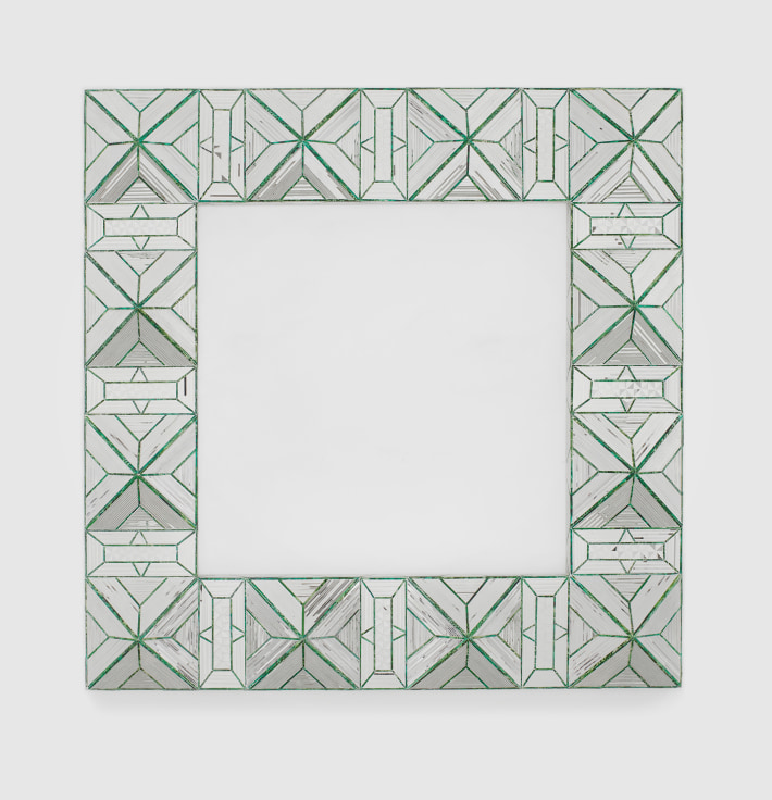 Mirror and reversed glass painting on plaster and wood in the shape of a square