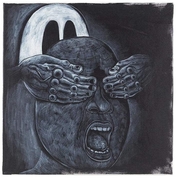 screaming human head with hands covering their eyes