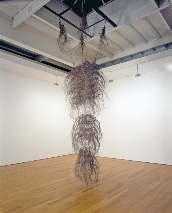 copper wire resembling hair hanging from the ceiling