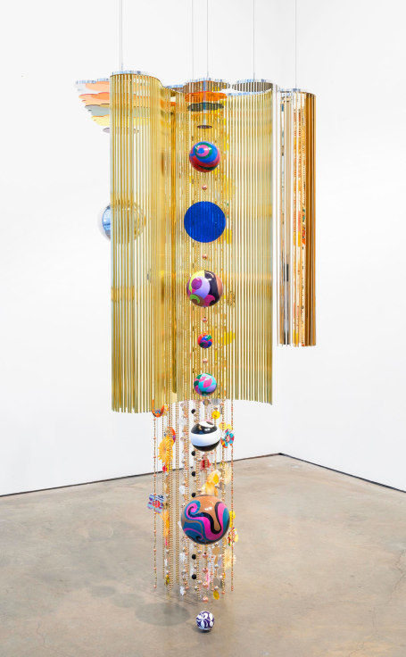 , BEATRIZ MILHAZES,&nbsp;Mariola, 2015 , Aluminum, brass, copper, acrylic, hand-painted enamel on aluminum, polyester and paper flowers, foiled paper, woodblock, screenprint, 89 x 42 x 32 in.&nbsp;