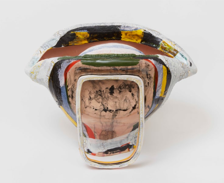 Multicolor porcelain pot with oval opening by Kathy Butterly.