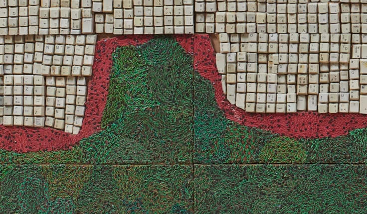 white keyboard keys, red swirling wires, and green swirling wires all divided into separate sections