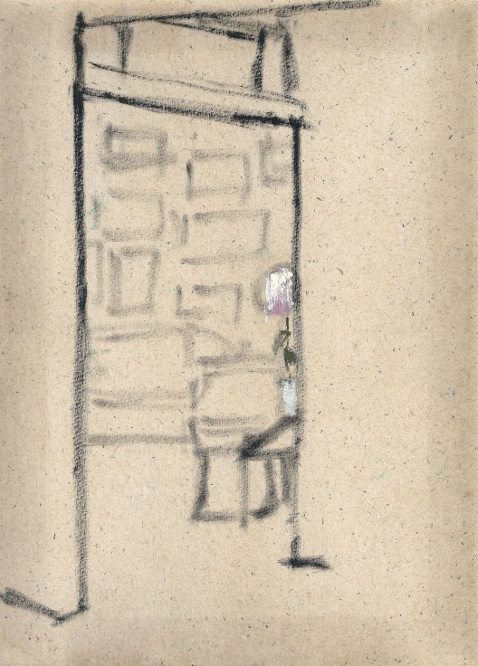 simple sketch of an apartment interior with only a pink houseplant in color